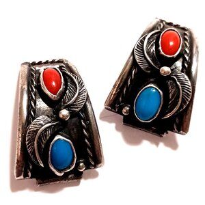 Vntg STERLING CORAL TURQUOISE Signed NAVAJO tips watch band (1281)